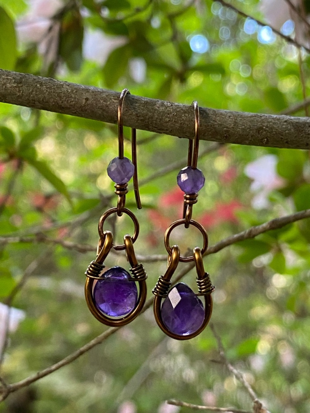 Handmade Antique Bronze & Amethyst Drop Earrings